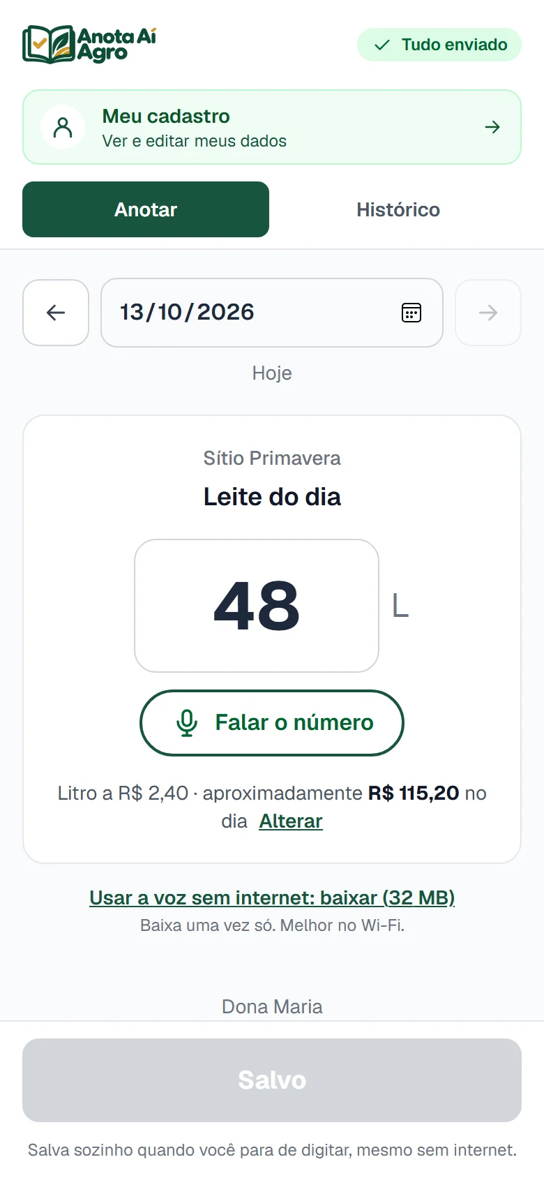 Tela do Anota Aí Leite com o leite do dia