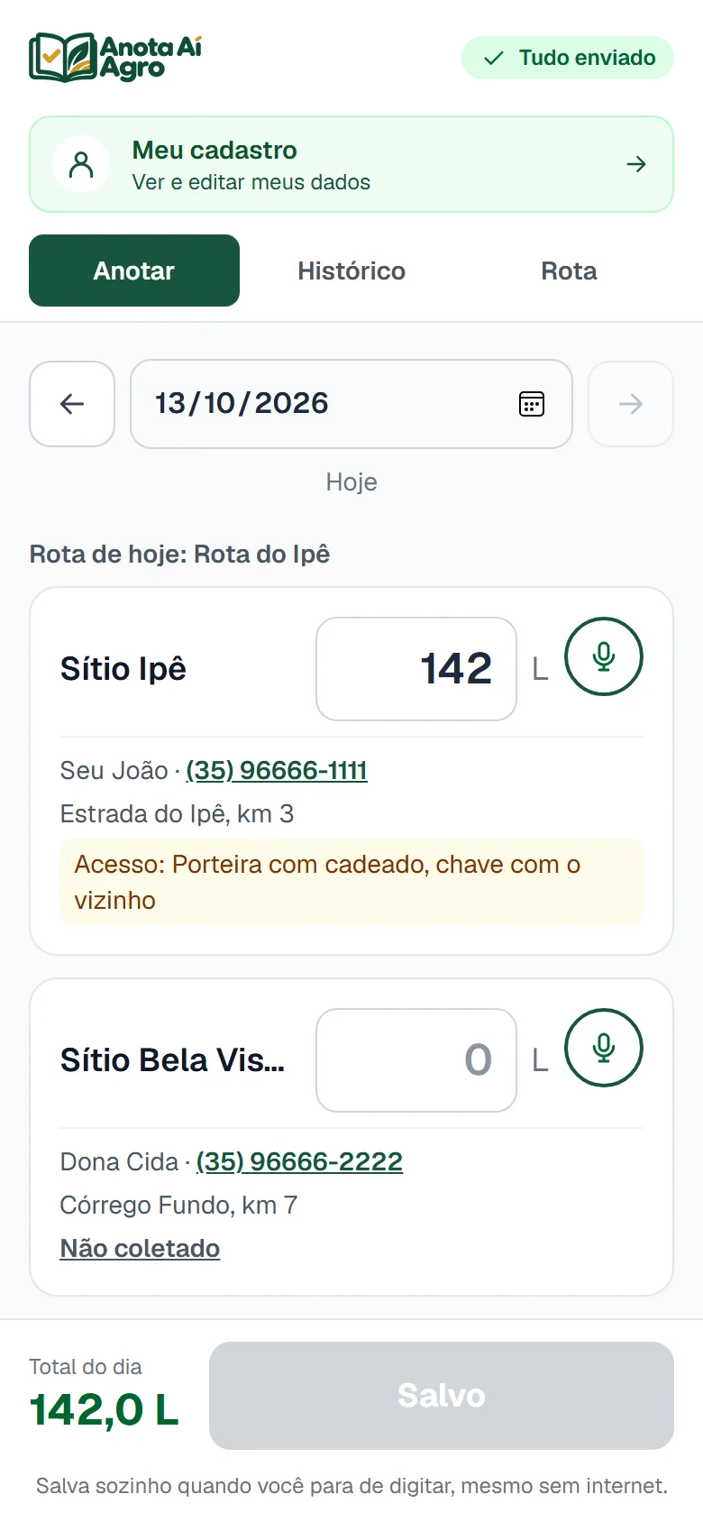 Rota de hoje do motorista com as paradas